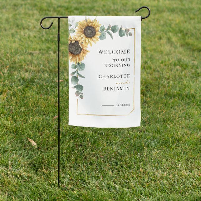 Floral Sunflower Eucalyptus Typography Wedding Garden Flag (In SItu)