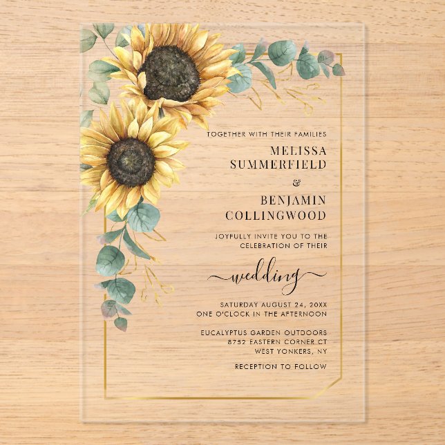 Floral Sunflower Eucalyptus Wedding Acrylic Invitations (Front)