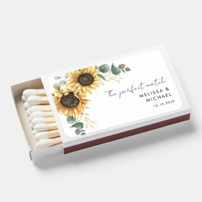 Floral Sunflower Eucalyptus Wedding Favors Matchboxes (Front Open)
