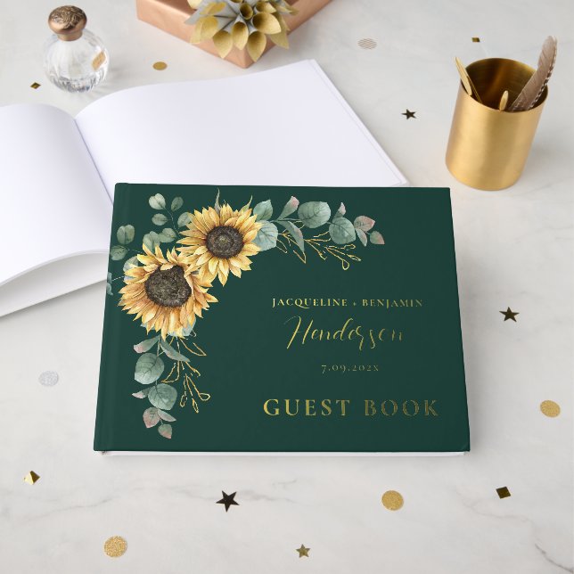 Floral Sunflower Eucalyptus Wedding Gold Foil Foil Guest Book (Front Open)
