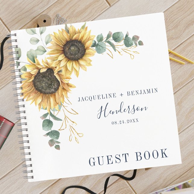 Floral Sunflower Eucalyptus Wedding Guest Book (Floral Sunflower Greenery Wedding Guestbook)