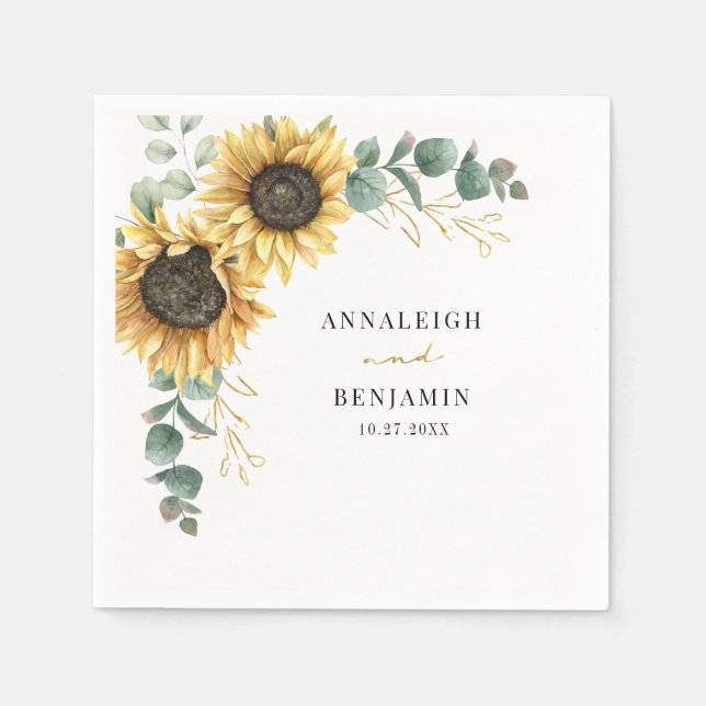 Floral Sunflower Eucalyptus Wedding Paper Napkins (Front)