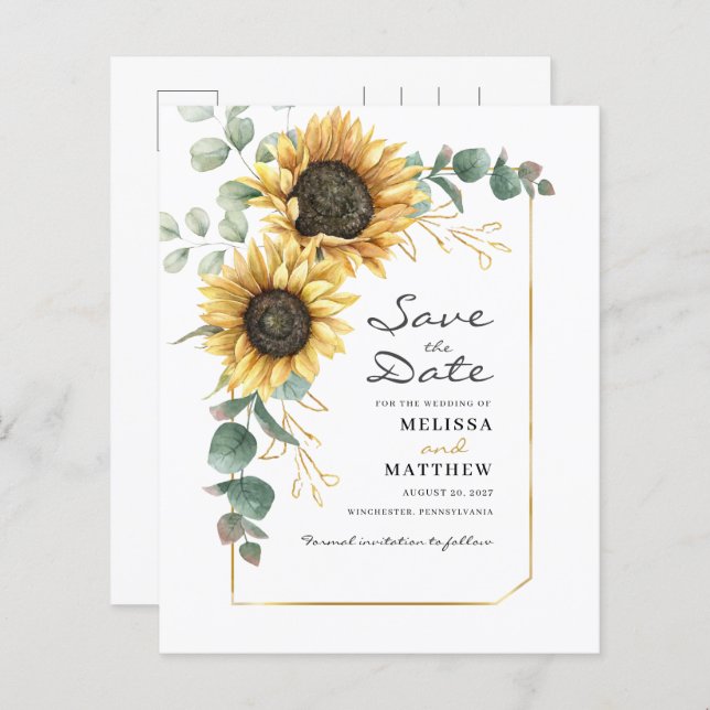 Floral Sunflower Eucalyptus Wedding Save The Date (Front/Back)