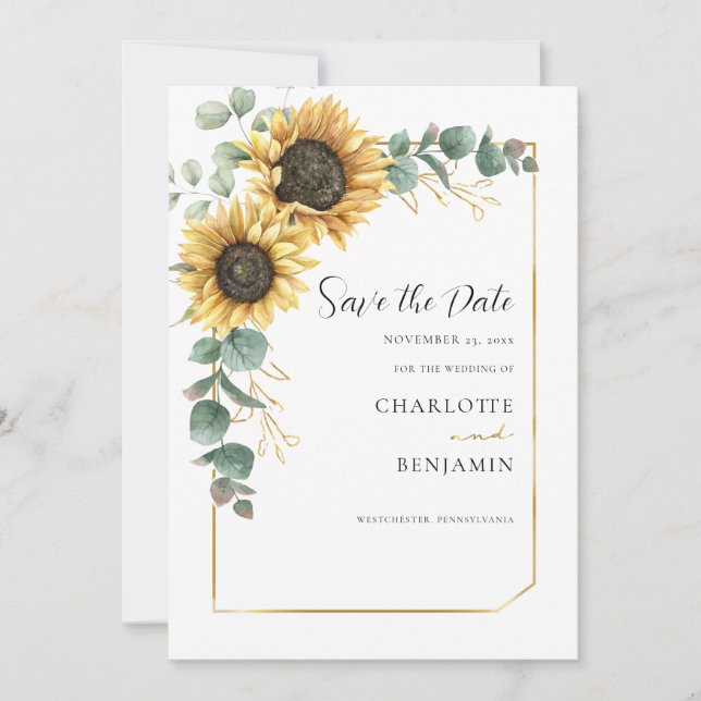 Floral Sunflower Eucalyptus Wedding Save The Date (Front)