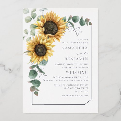 Floral Sunflower Eucalyptus Wedding Silver Foil Invitation
