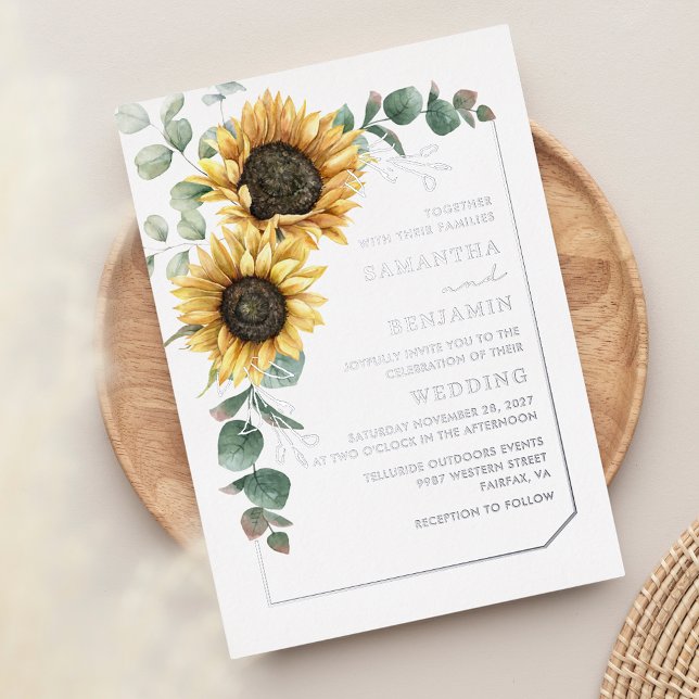 Floral Sunflower Eucalyptus Wedding Silver Foil Invitation (Floral Sunflower Eucalyptus Wedding Silver Foil Invitation)