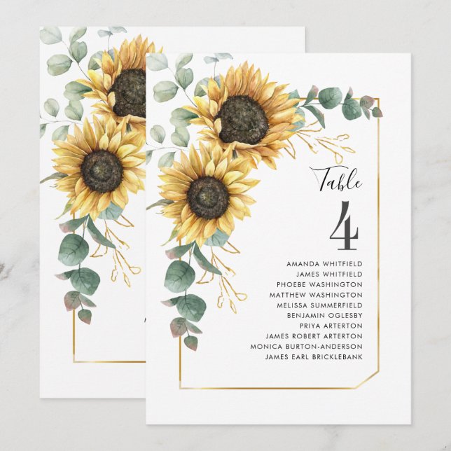 Floral Sunflower Eucalyptus Wedding Table Number 4 (Front/Back)