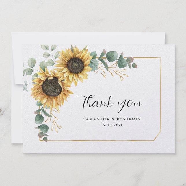 Floral Sunflower Eucalyptus Wedding Thank You Card (Front)