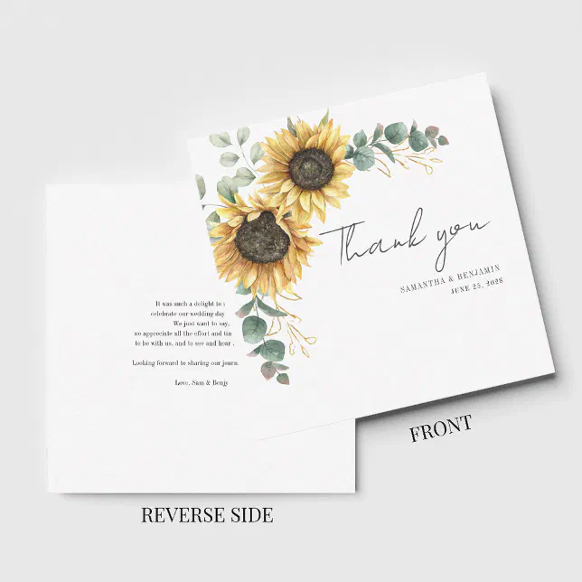 Floral Sunflower Eucalyptus Wedding Thank You Note Card | Zazzle