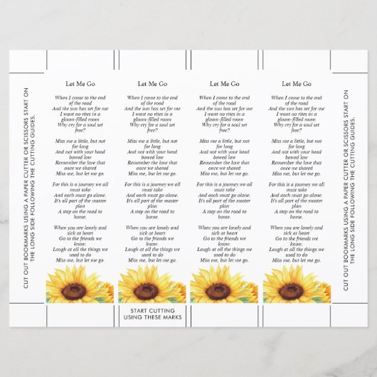 Floral Sunflower Funeral Bookmark (Back)