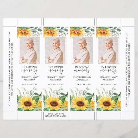 Floral Sunflower Funeral Bookmark (Front)