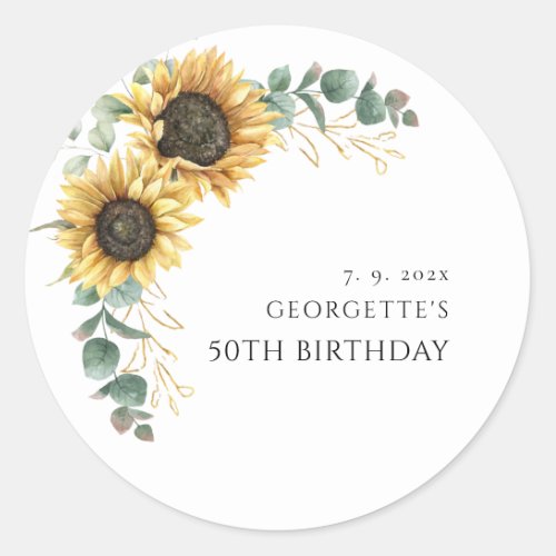 Floral Sunflower Greenery 50th Birthday Classic Round Sticker