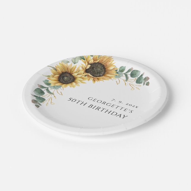 Floral Sunflower Greenery 50th Birthday Paper Plates (Angled)