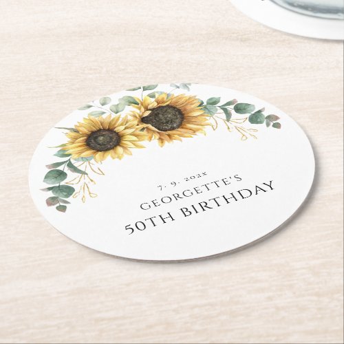 Floral Sunflower Greenery 50th Birthday Swag Round Paper Coaster