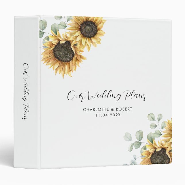 Floral Sunflower Greenery Botanical Wedding 3 Ring Binder (Front/Spine)