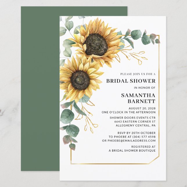 Floral Sunflower Greenery Bridal Shower Invitation (Front/Back)