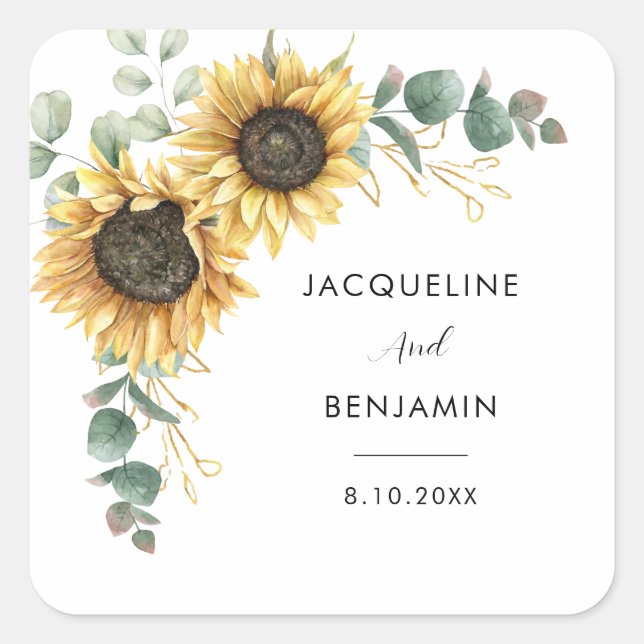 Floral Sunflower Greenery Foliage Wedding Square Sticker (Front)