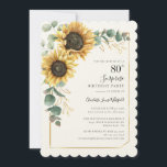 Floral Sunflower Greenery Surprise 80th Birthday Invitation<br><div class="desc">Eucalyptus Sunflower Floral Script 80th Birthday Invitation you can easily customize with your party details by clicking the "Personalize" button. Featuring bright yellow floral and greenery succulent with a gold foil geometric frame and modern typography</div>