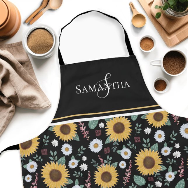 Floral Sunflower Monogram Apron (Get creative in the kitchen with our personalized Country Sunflower Womens apron! )