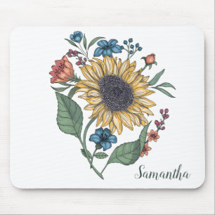 Floral Sunflower Monogram Name Mouse Pad