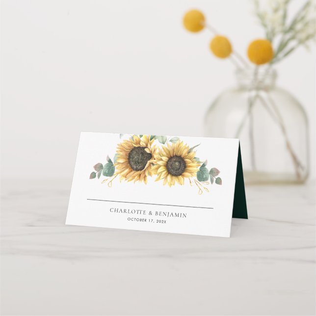 Floral Sunflower Name and Date Wedding Place Card (Front)