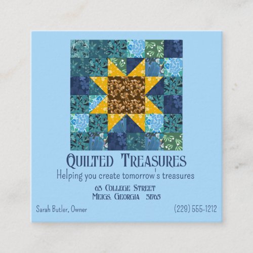 Floral Sunflower on Blue Patchwork Quilt Geometric Square Business Card