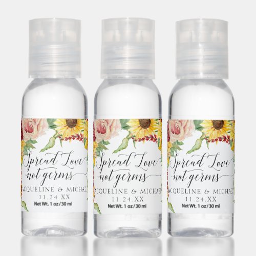 Floral Sunflower Pink Rose Burgundy Script Wedding Hand Sanitizer