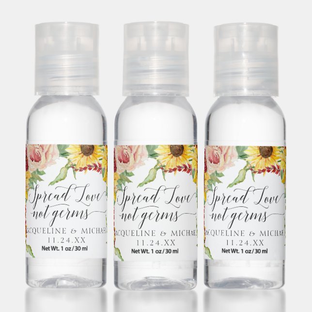 Floral Sunflower Pink Rose Burgundy Script Wedding Hand Sanitizer (Set)