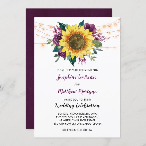 Floral Sunflower Plum Purple Rose Lights Wedding Invitation