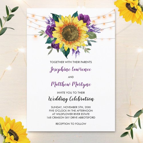 Floral Sunflower Purple Rose Lights Rustic Wedding Invitation