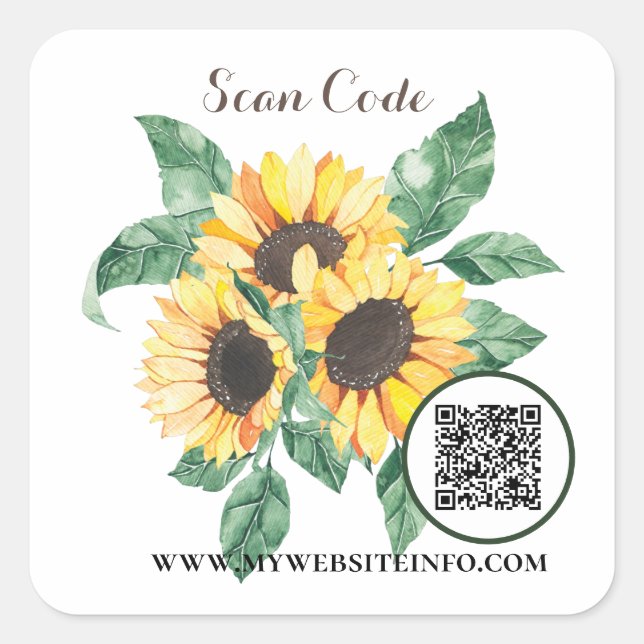 Floral Sunflower QR Code Business Square Sticker (Front)
