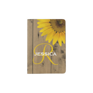Floral Sunflower Rustic Wood Monogram Passport Holder