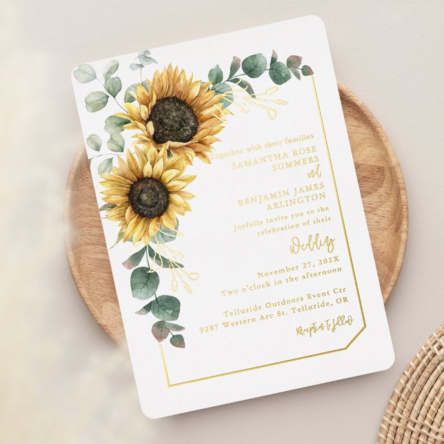 Floral Sunflower Script Greenery Wedding Gold Foil Invitation (Floral Sunflower Sage Green Wedding Silver Foil Invitation)