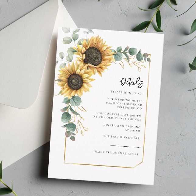 Floral Sunflower Script Wedding Details Enclosure Card (Sunflower Floral Eucalyptus Greenery Wedding Details Enclosure Card)