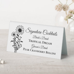 Floral Sunflower Signature Cocktails Wedding Bar Table Tent