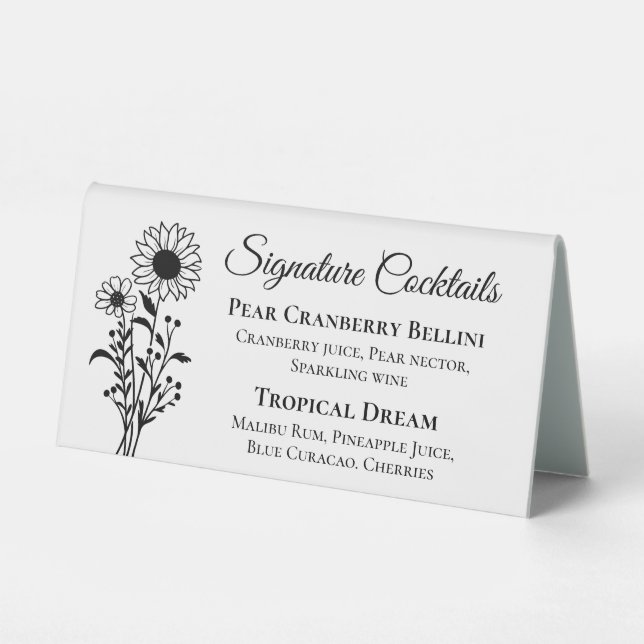 Floral Sunflower Signature Drinks Wedding Bar Table Tent (Front)