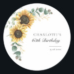 Floral Sunflower Watercolor 60th Birthday Party Classic Round Sticker<br><div class="desc">Eucalyptus Sunflower Floral Script 60th Birthday Sticker that you can easily customize with your party details by clicking the "Personalize" button. Featuring bright yellow floral and greenery and modern script typography</div>