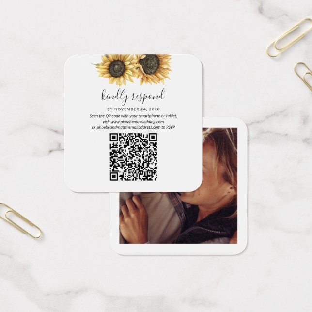 Floral Sunflower Wedding Photo QR Code RSVP Card (Office)