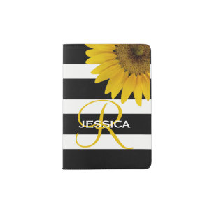 Floral Sunflower Yellow Black Stripes Monogram Passport Holder