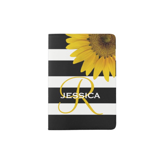 Floral Sunflower Yellow Black Stripes Monogram Passport Holder (Front)