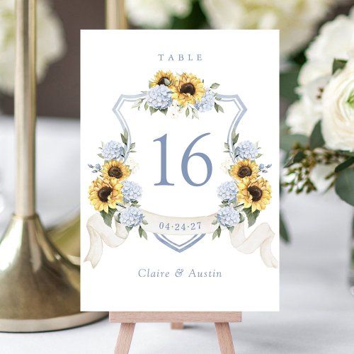 Floral Sunflowers Blue Hydrangea Crest Table Number