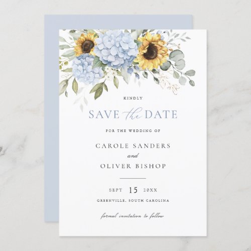 Floral Sunflowers Blue Hydrangea Wedding Save Date Invitation