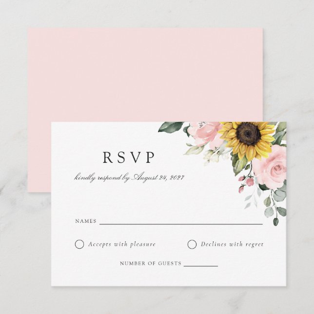 Floral Sunflowers Blush Pink Wedding RSVP Card (Front/Back)