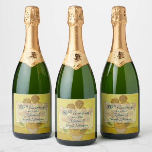 Floral Sunflowers Gold 50th Wedding Anniversary  Sparkling Wine Label