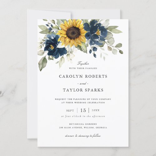 Floral Sunflowers Navy Blue Greenery Wedding Invitation