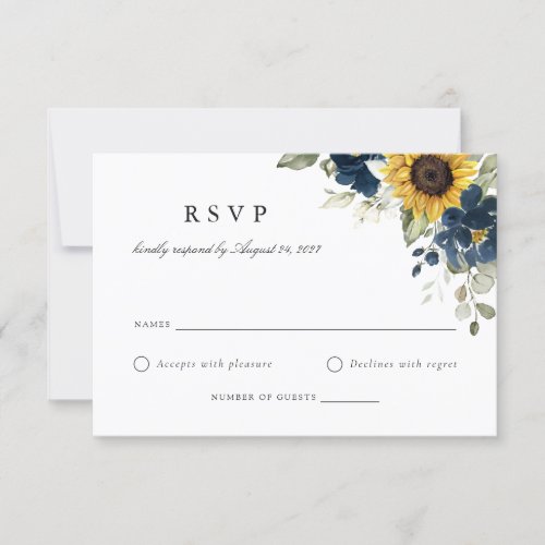 Floral Sunflowers Navy Blue Wedding RSVP Card