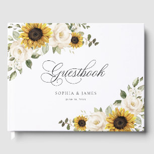 Floral Sunflowers White Flowers Greenery Wedding Guest Book