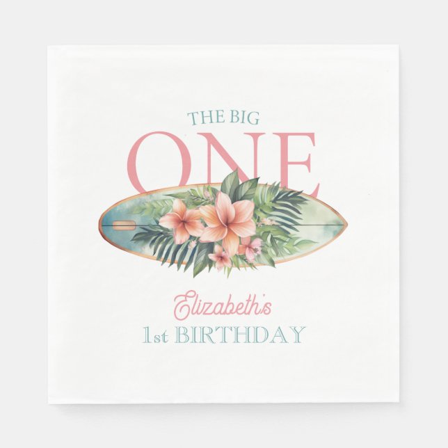 Floral Surf Board The Big One 1st Birthday Napkins (Front)