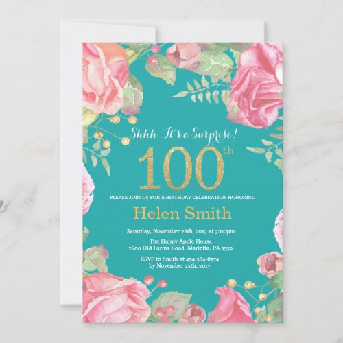 Floral Surprise 100th Birthday Gold and Teal Invitation