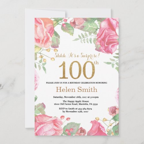 Floral Surprise 100th Birthday Gold Glitter Invitation